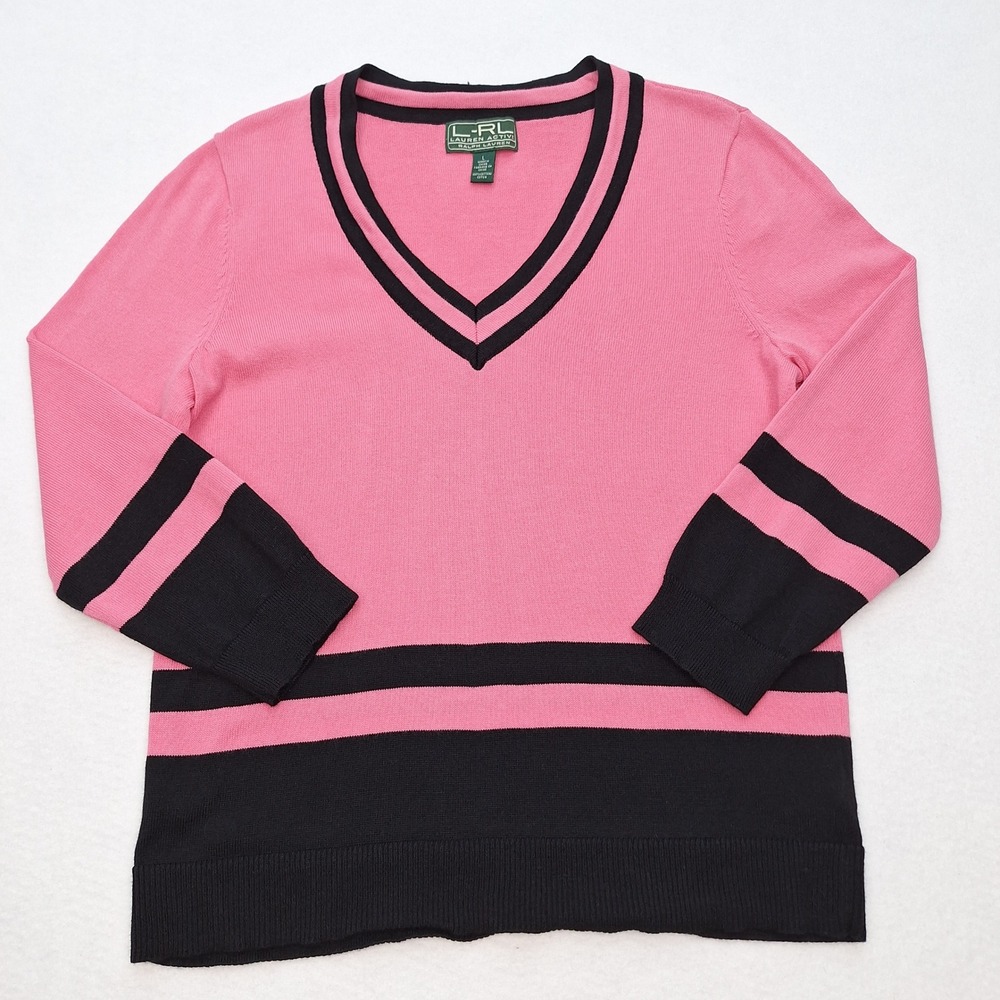 L-RL Lauren Active Ralph Lauren Sweater Womens Large Pink V Neck Rugby Cricket‎